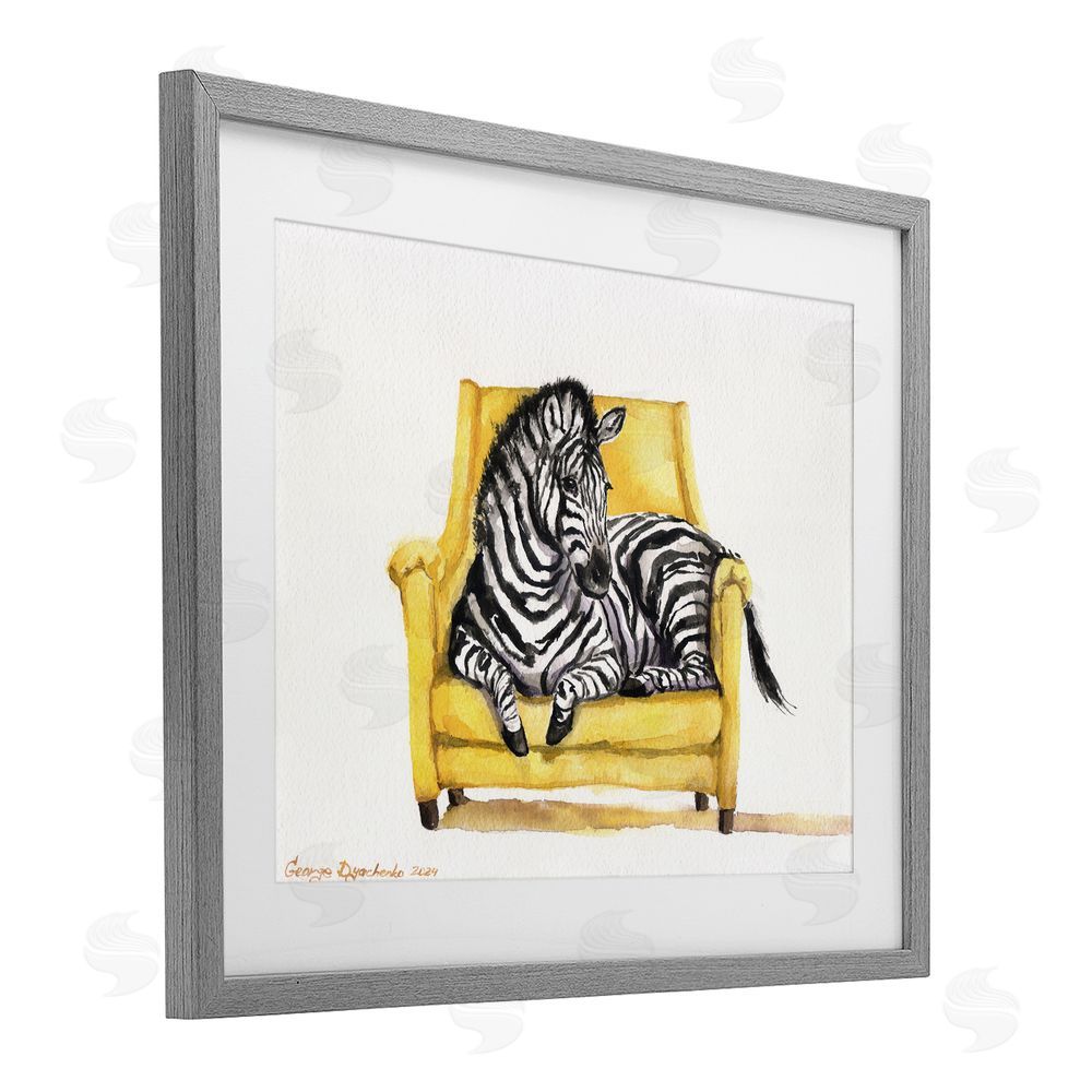 George Dyachenko Cute Zebra on Yellow Chair Gray Framed Print Under Glass with White Mat Wall Art