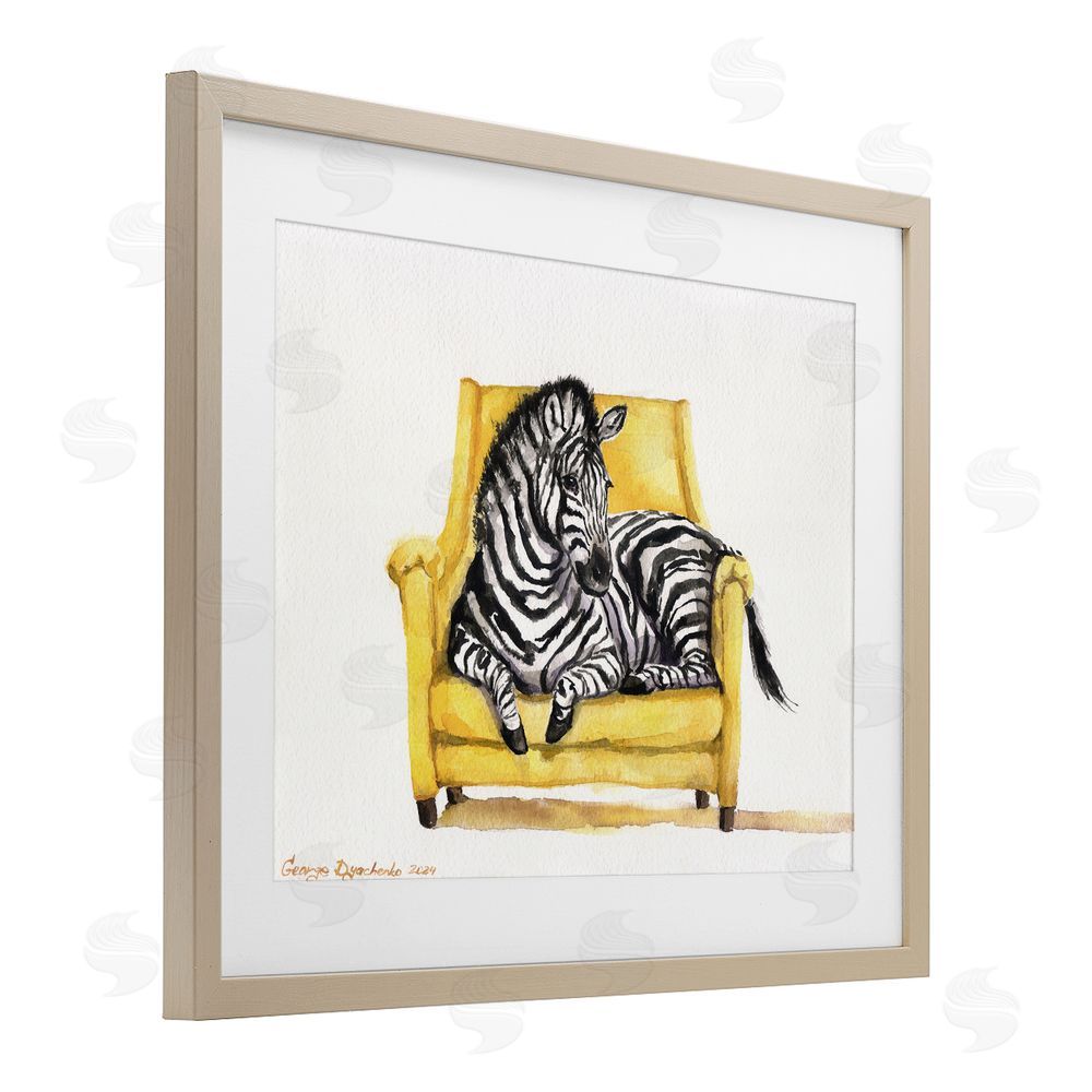 George Dyachenko Cute Zebra on Yellow Chair Birch Framed Print Under Glass with White Mat Wall Art
