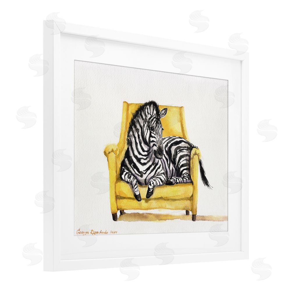 George Dyachenko Cute Zebra on Yellow Chair White Framed Print Under Glass with Mat Wall Art