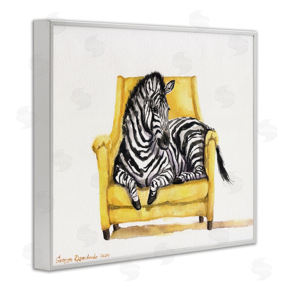 George Dyachenko Cute Zebra on Yellow Chair White Framed Giclee Wall Art Print