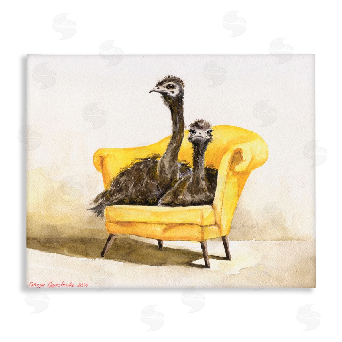 George Dyachenko Funny Ostriches on Yellow Chair Canvas Wall Art Print