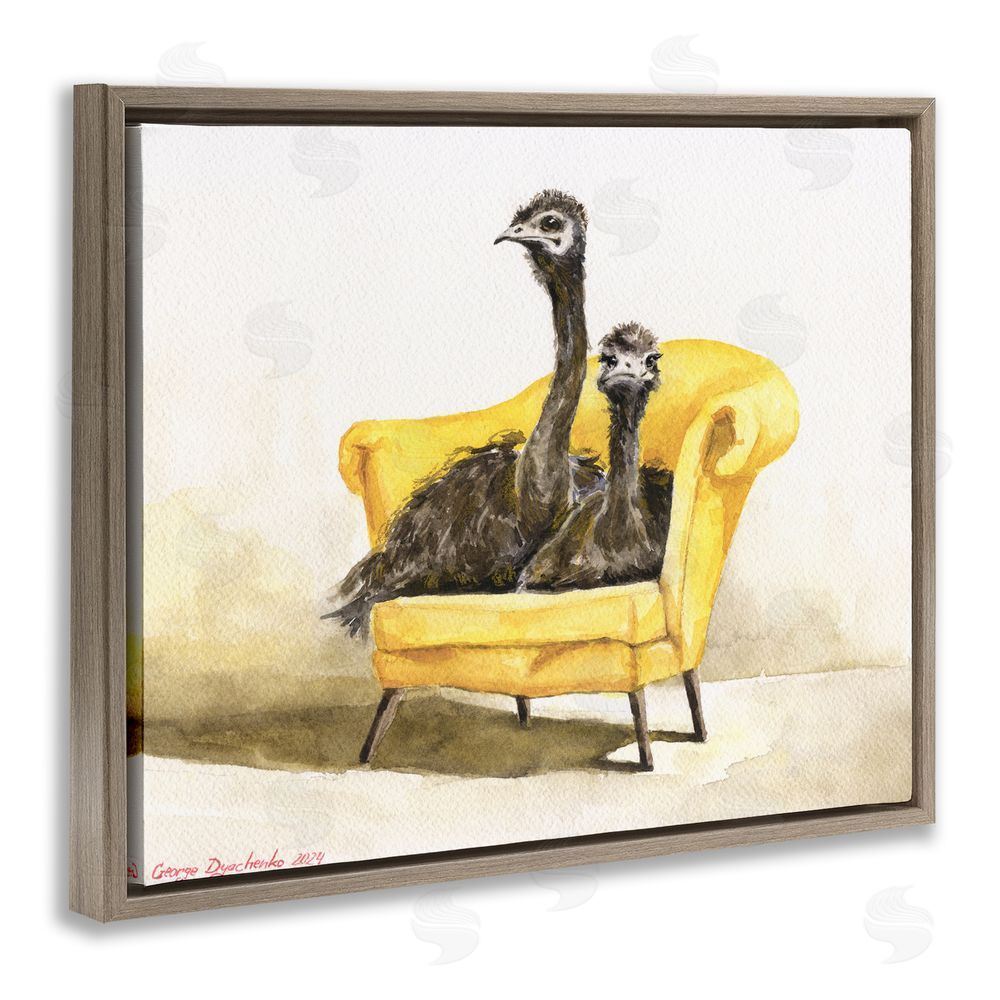 George Dyachenko Funny Ostriches on Yellow Chair Brown Floating Frame Canvas Wall Art Print