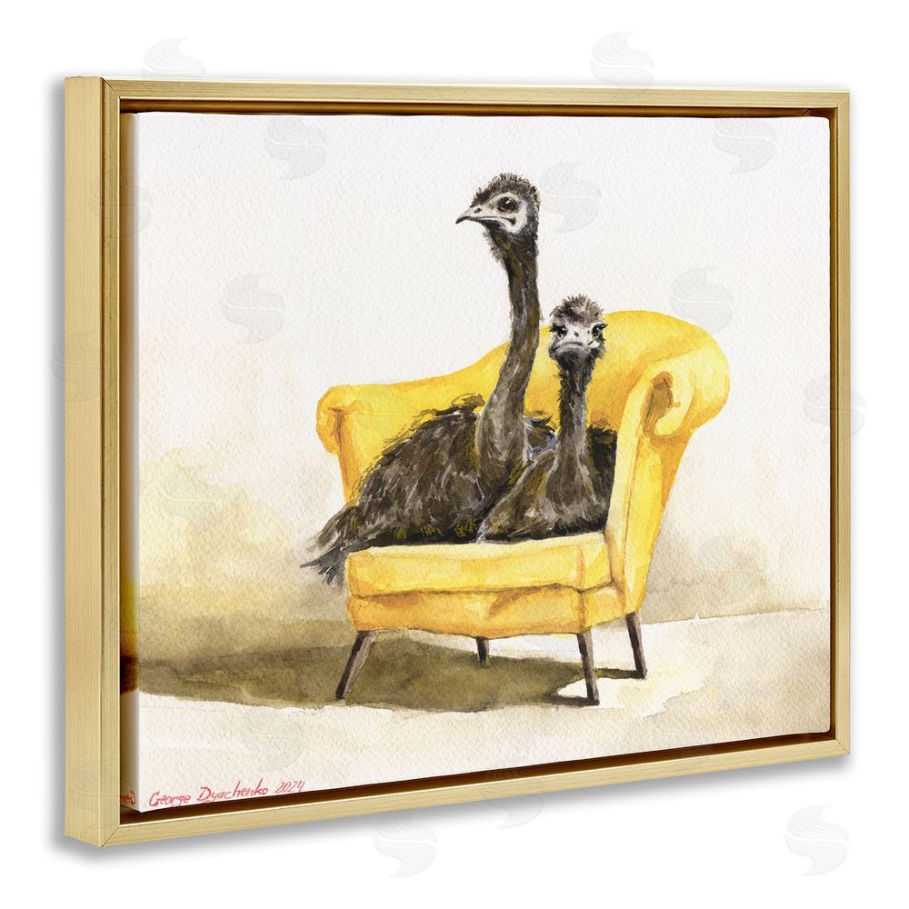 George Dyachenko Funny Ostriches on Yellow Chair Gold Floating Frame Canvas Wall Art Print
