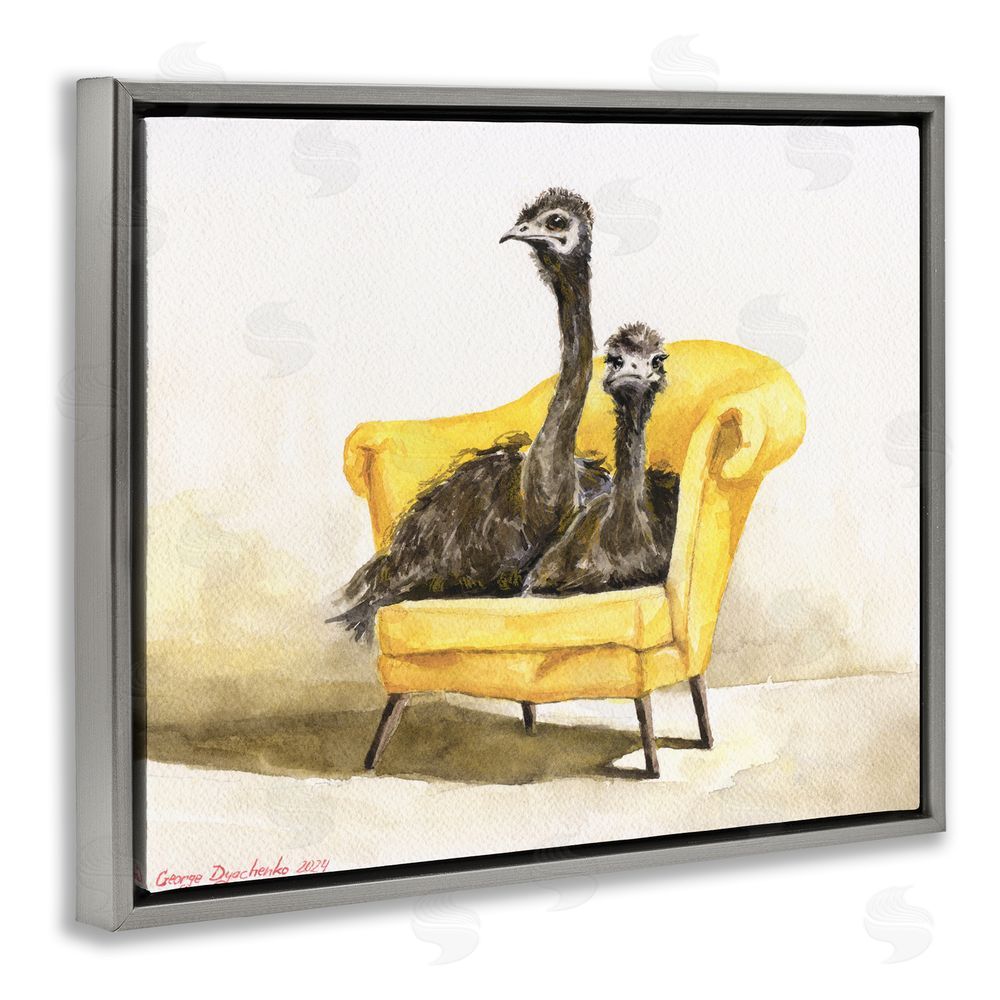 George Dyachenko Funny Ostriches on Yellow Chair Gray Floating Frame Canvas Wall Art Print