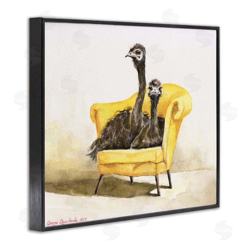 George Dyachenko Funny Ostriches on Yellow Chair Black Framed Giclee Wall Art Print
