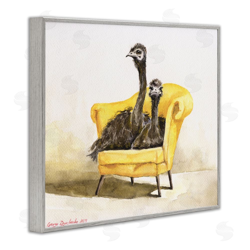 George Dyachenko Funny Ostriches on Yellow Chair Gray Framed Giclee Wall Art Print