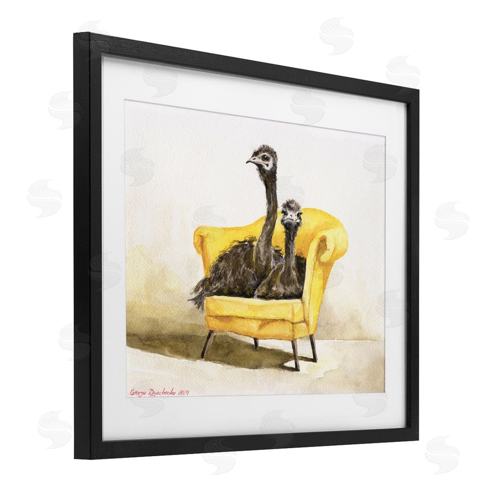 George Dyachenko Funny Ostriches on Yellow Chair Black Framed Print Under Glass with White Mat Wall Art