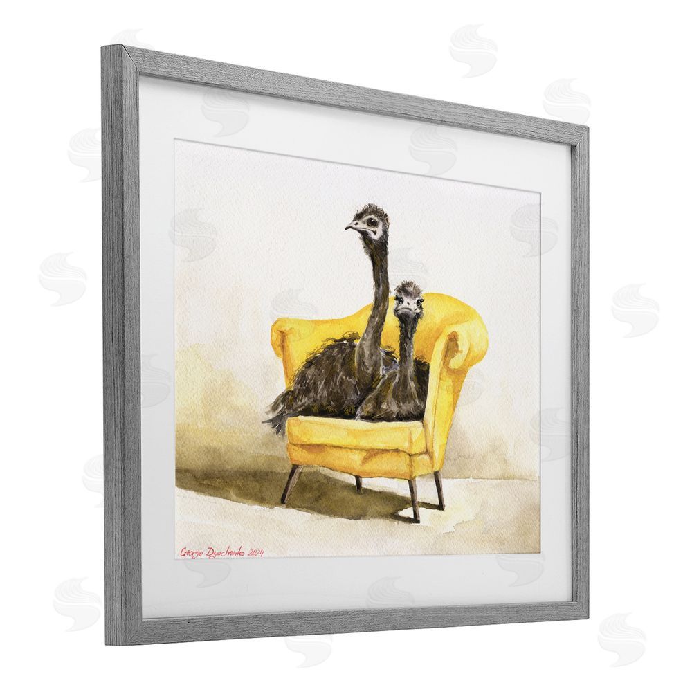 George Dyachenko Funny Ostriches on Yellow Chair Gray Framed Print Under Glass with White Mat Wall Art
