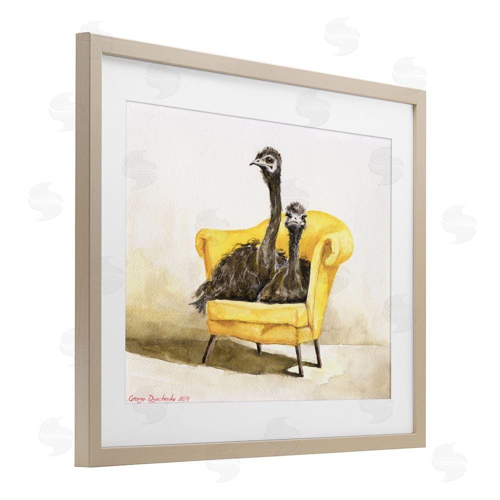 George Dyachenko Funny Ostriches on Yellow Chair Birch Framed Print Under Glass with White Mat Wall Art