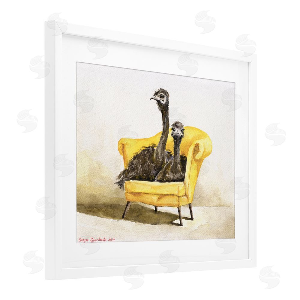 George Dyachenko Funny Ostriches on Yellow Chair White Framed Print Under Glass with Mat Wall Art
