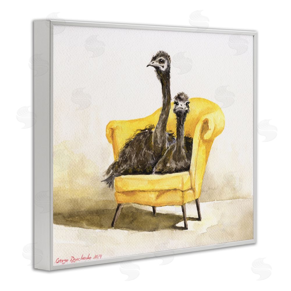 George Dyachenko Funny Ostriches on Yellow Chair White Framed Giclee Wall Art Print