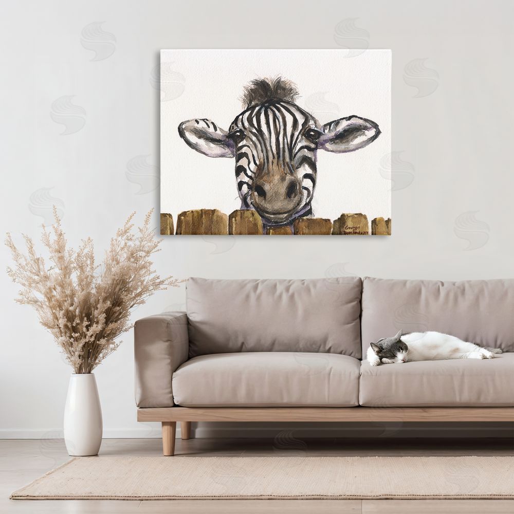 George Dyachenko Cute Zebra Above Fence Canvas Art on Wall
