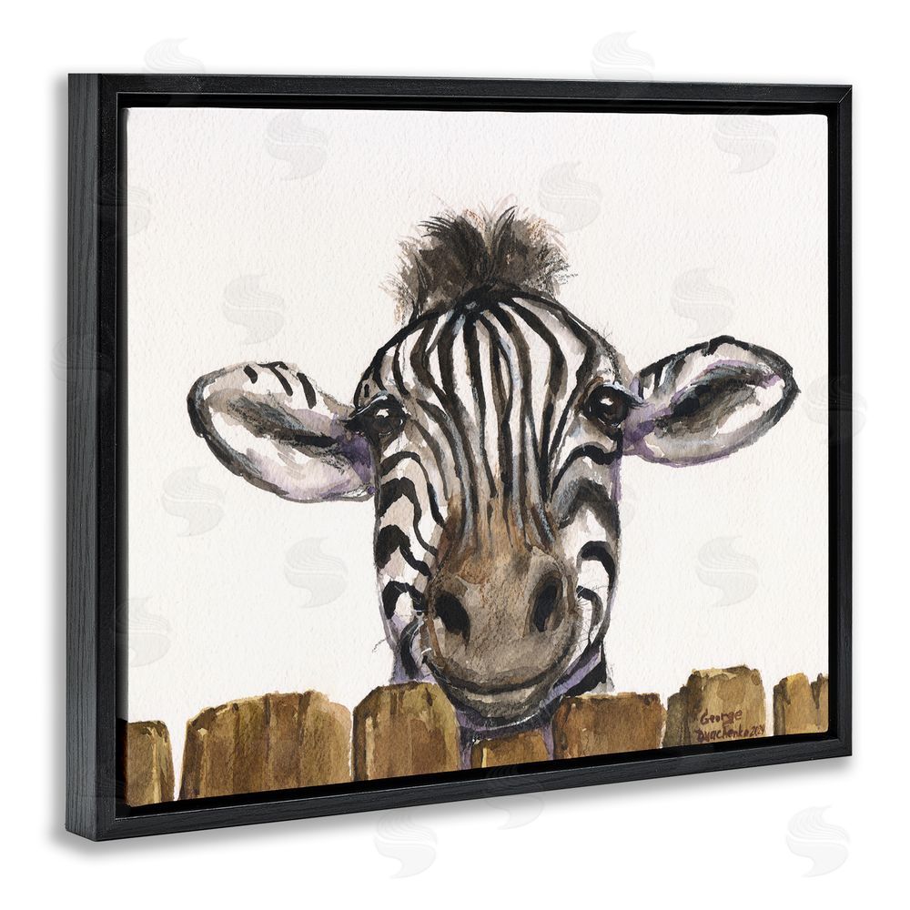 George Dyachenko Cute Zebra Above Fence Black Floating Frame Canvas Wall Art Print