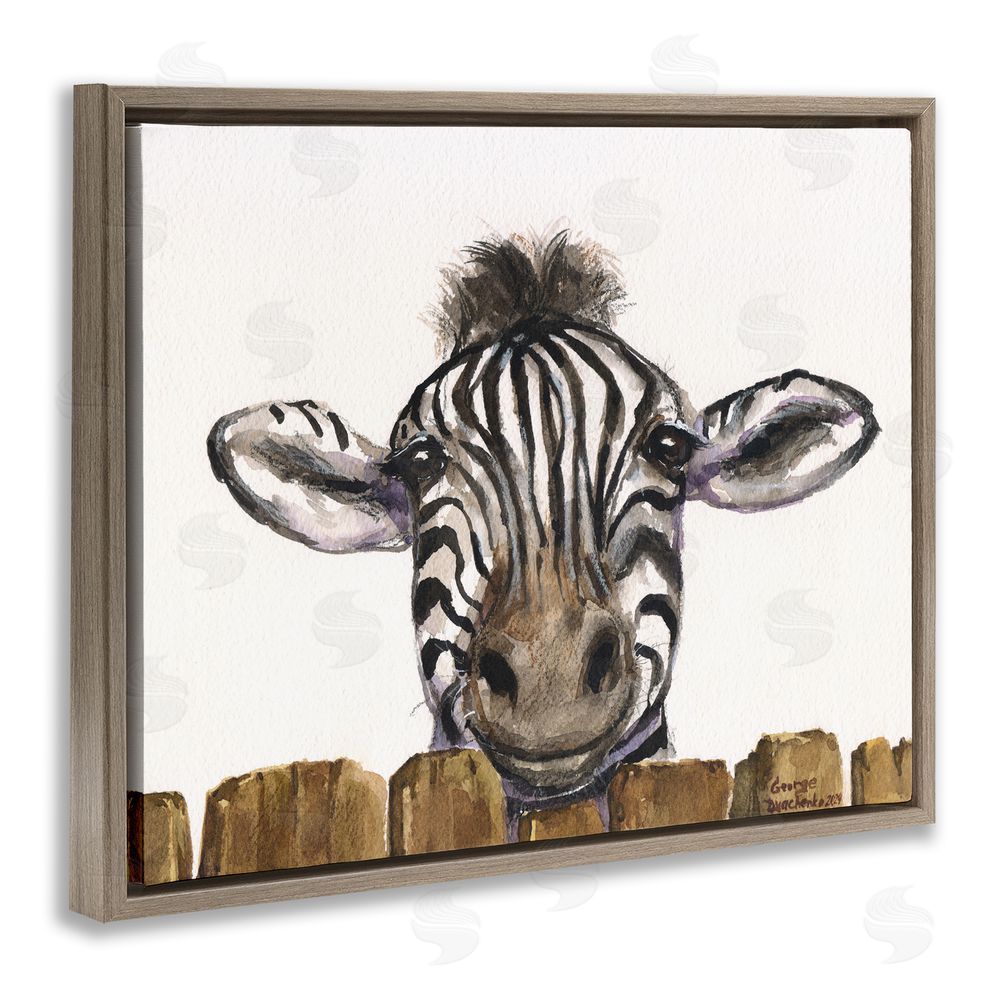 George Dyachenko Cute Zebra Above Fence Brown Floating Frame Canvas Wall Art Print