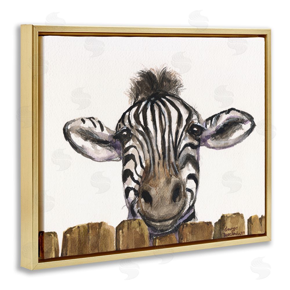 George Dyachenko Cute Zebra Above Fence Gold Floating Frame Canvas Wall Art Print