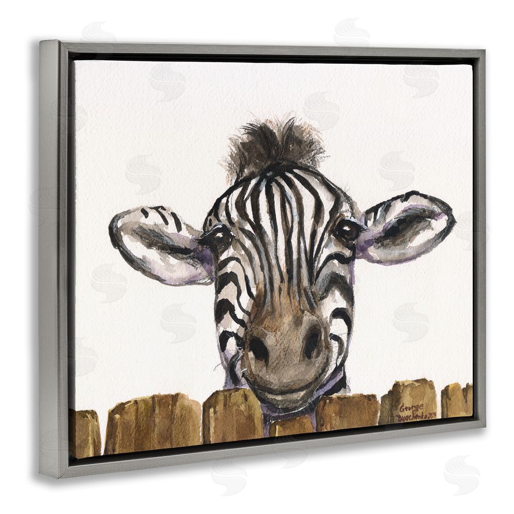 George Dyachenko Cute Zebra Above Fence Gray Floating Frame Canvas Wall Art Print
