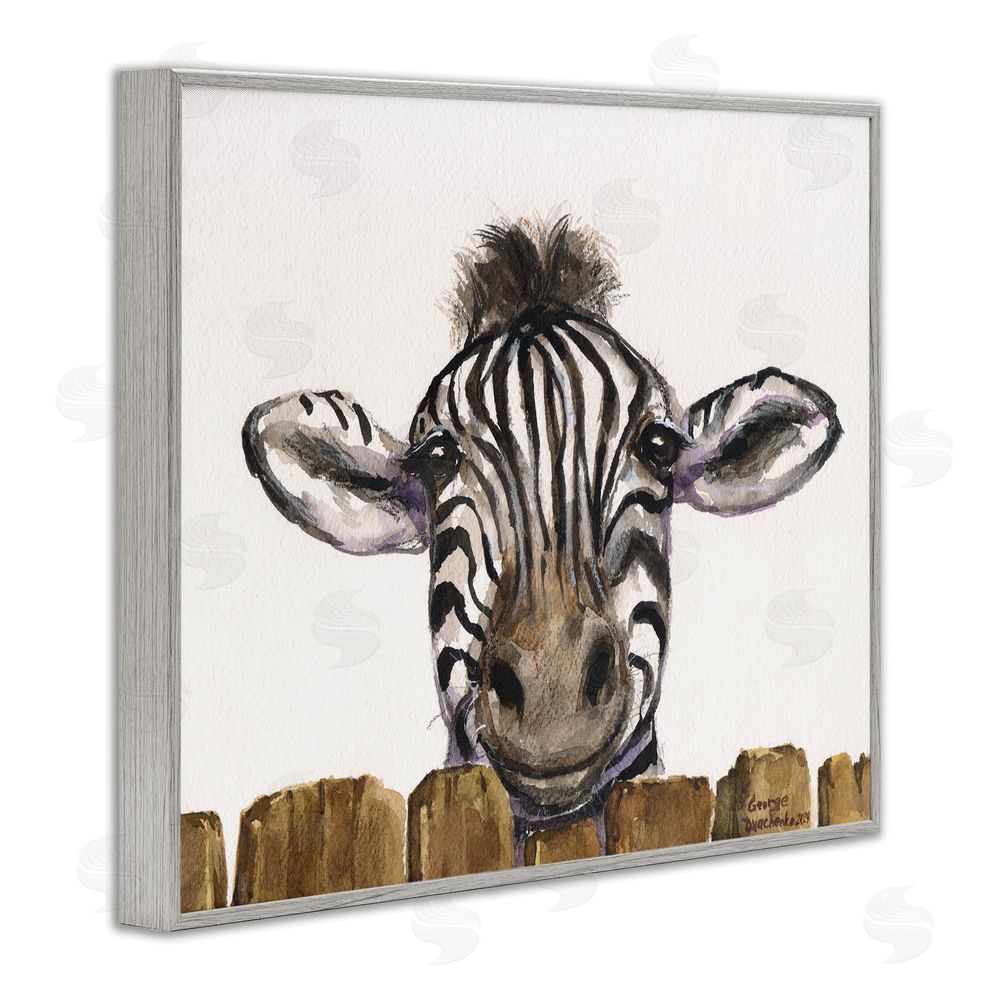 George Dyachenko Cute Zebra Above Fence Gray Framed Giclee Wall Art Print