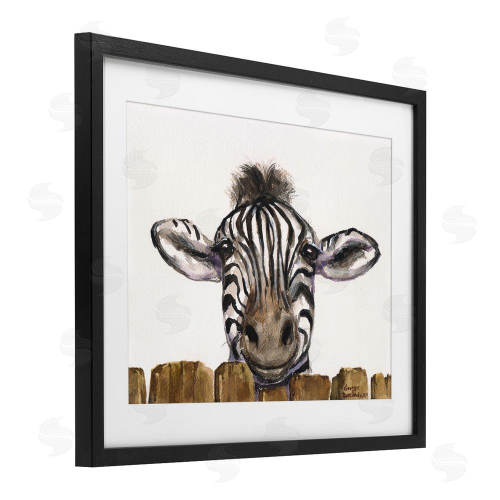 George Dyachenko Cute Zebra Above Fence Black Framed Print Under Glass with White Mat Wall Art