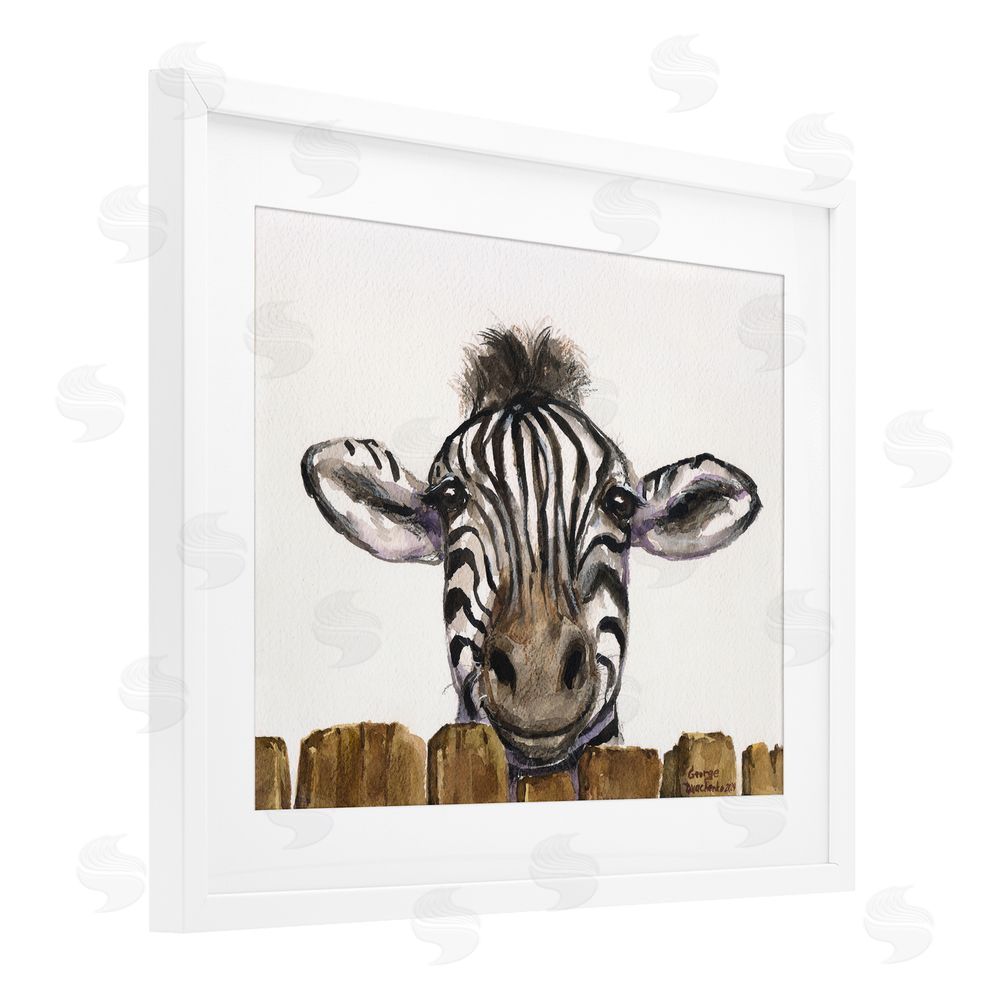 George Dyachenko Cute Zebra Above Fence White Framed Print Under Glass with Mat Wall Art