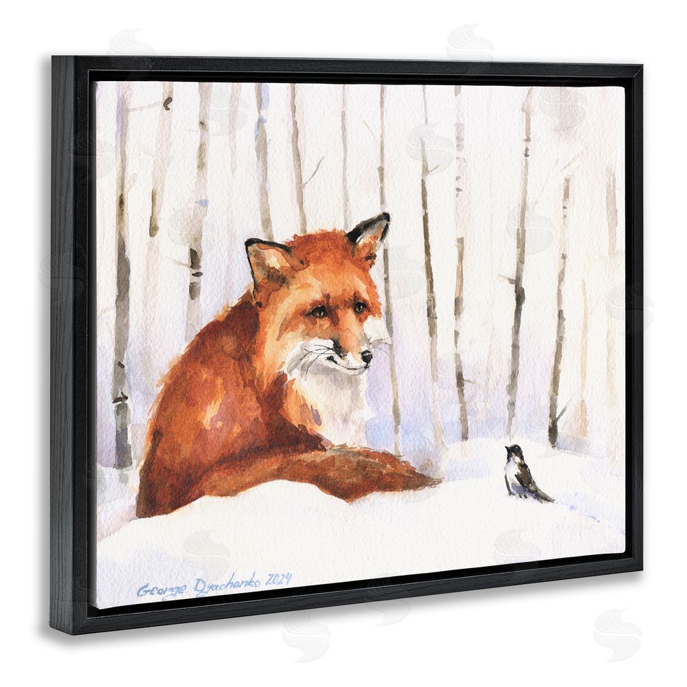 George Dyachenko Meeting of Fox And Sparrow Black Floating Frame Canvas Wall Art Print
