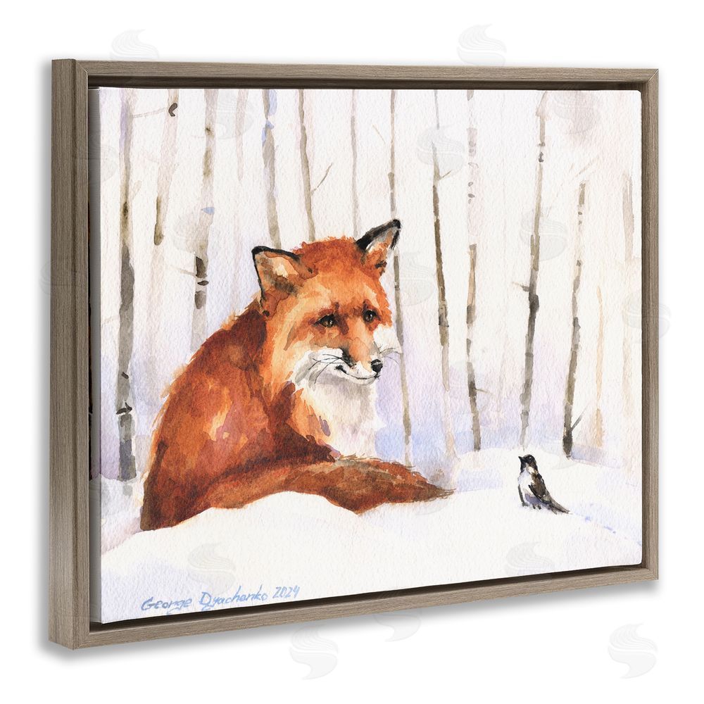 George Dyachenko Meeting of Fox And Sparrow Brown Floating Frame Canvas Wall Art Print