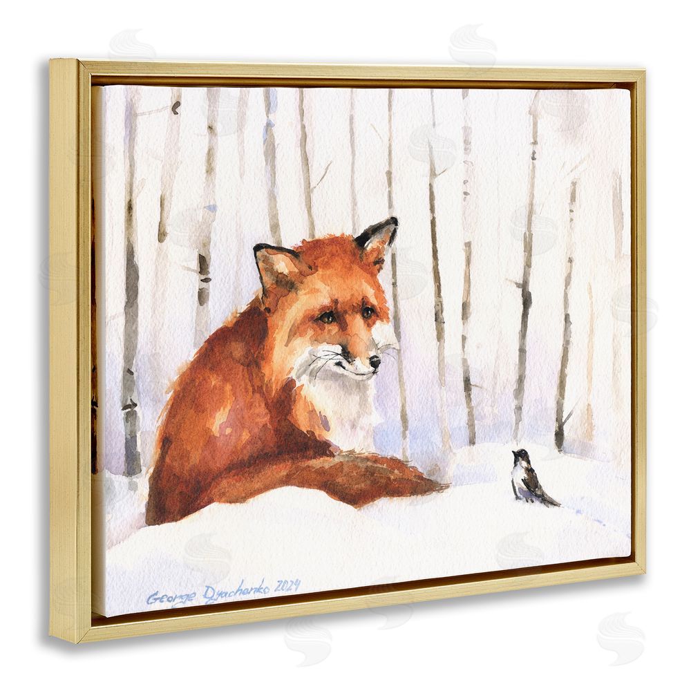 George Dyachenko Meeting of Fox And Sparrow Gold Floating Frame Canvas Wall Art Print