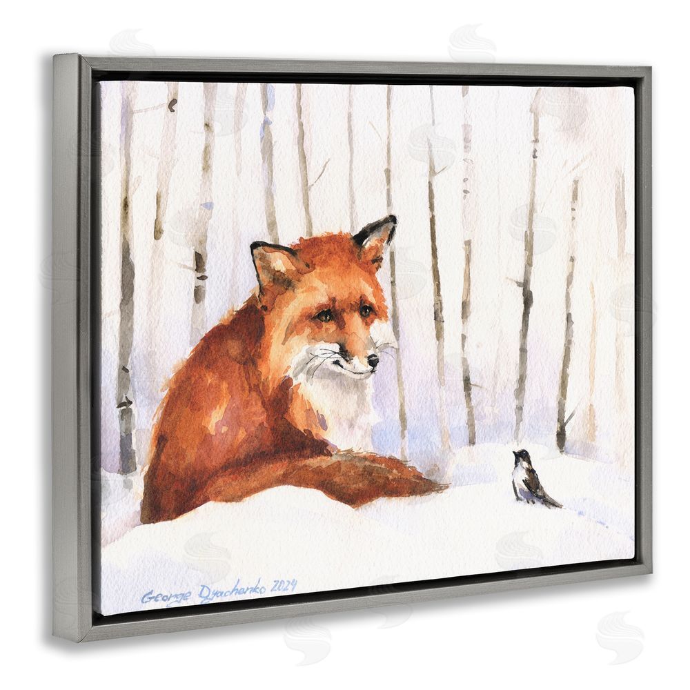 George Dyachenko Meeting of Fox And Sparrow Gray Floating Frame Canvas Wall Art Print
