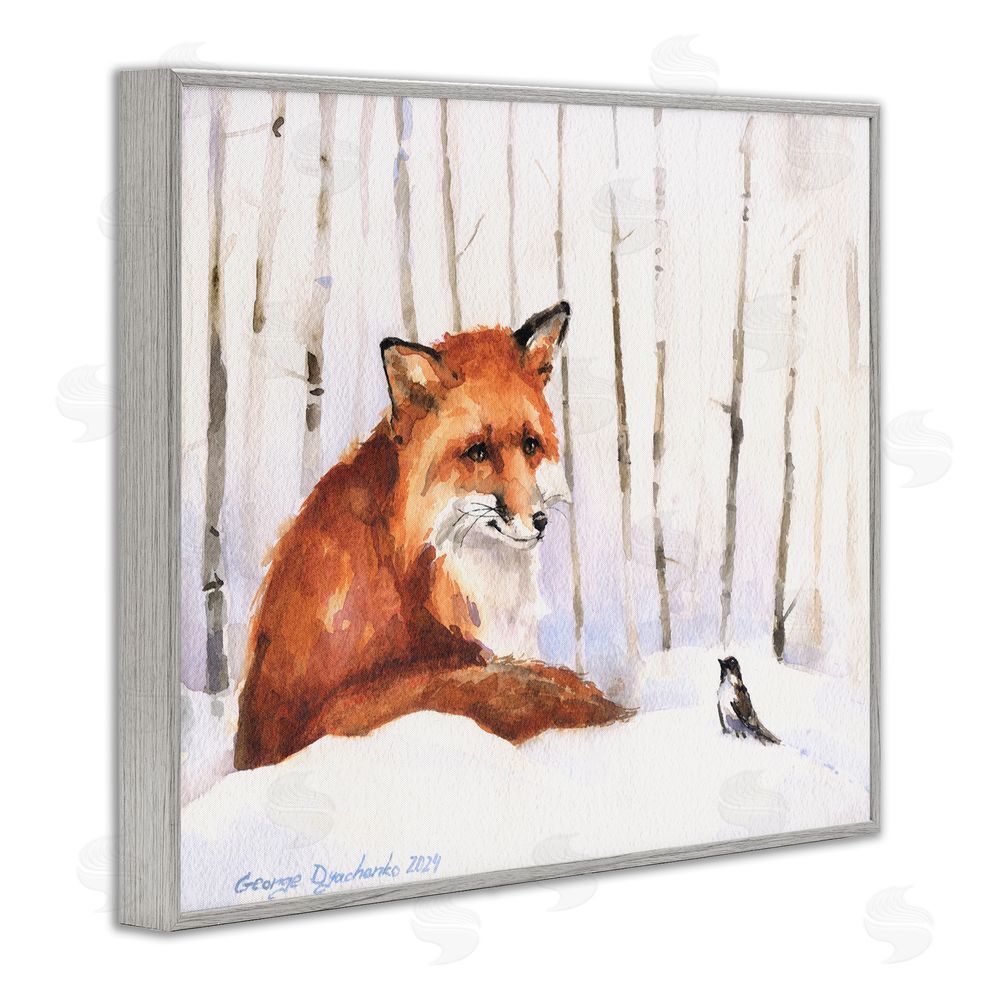 George Dyachenko Meeting of Fox And Sparrow Gray Framed Giclee Wall Art Print