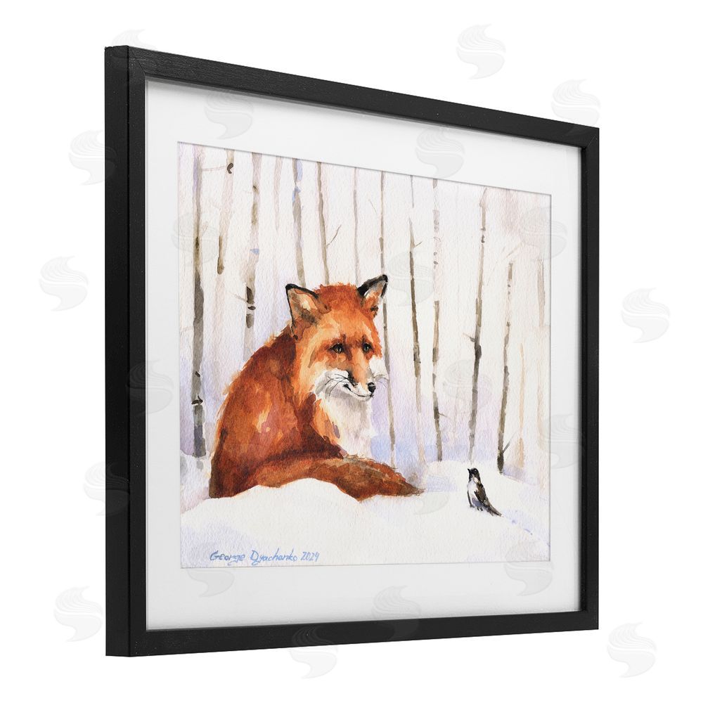 George Dyachenko Meeting of Fox And Sparrow Black Framed Print Under Glass with White Mat Wall Art
