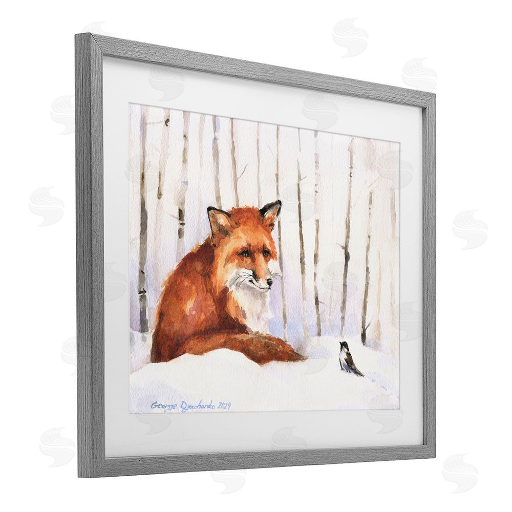 George Dyachenko Meeting of Fox And Sparrow Gray Framed Print Under Glass with White Mat Wall Art