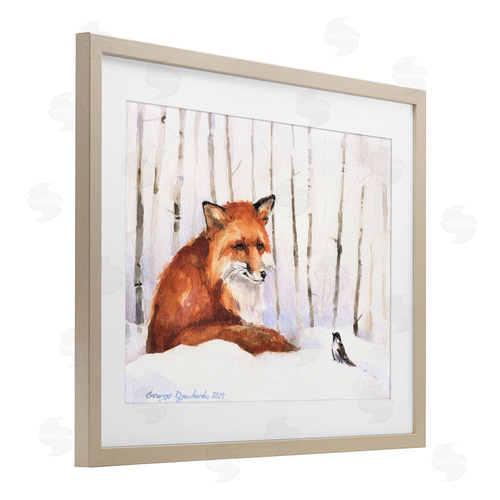 George Dyachenko Meeting of Fox And Sparrow Birch Framed Print Under Glass with White Mat Wall Art
