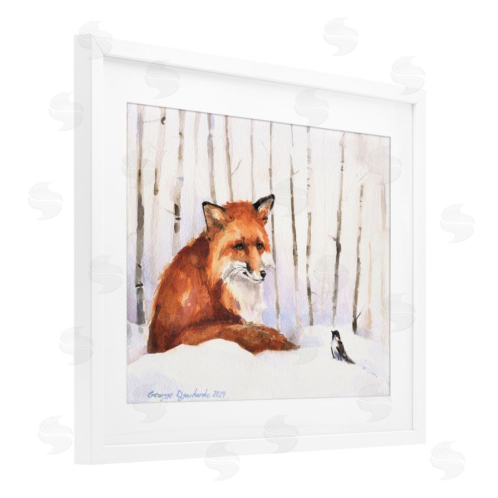 George Dyachenko Meeting of Fox And Sparrow White Framed Print Under Glass with Mat Wall Art