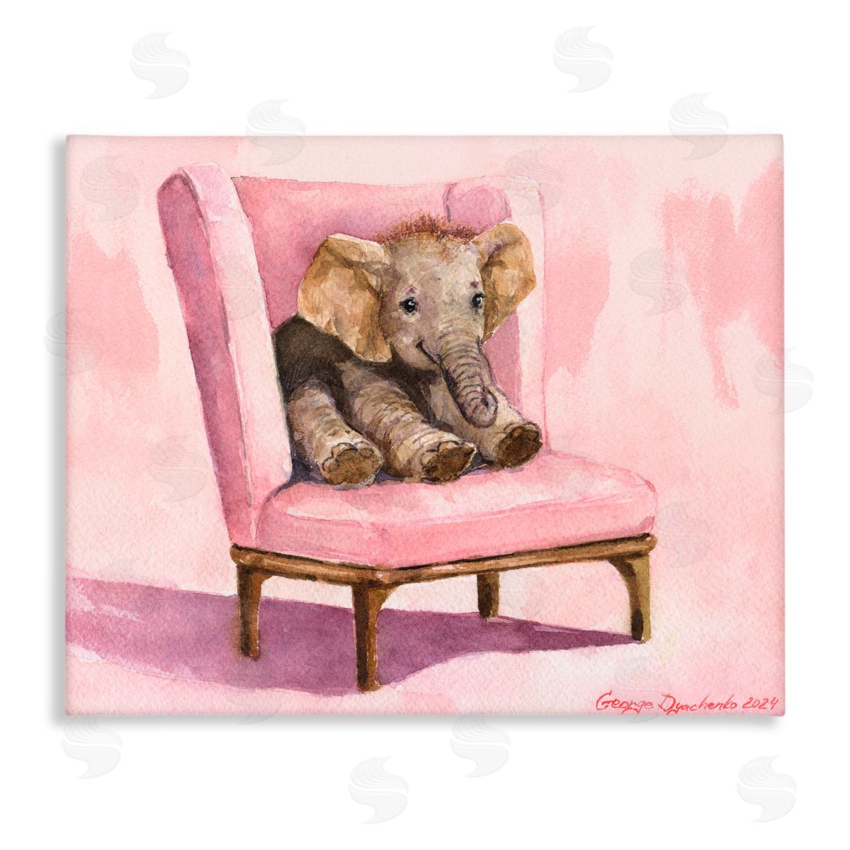 George Dyachenko Elephant Baby on Pink Chair Canvas Wall Art Print