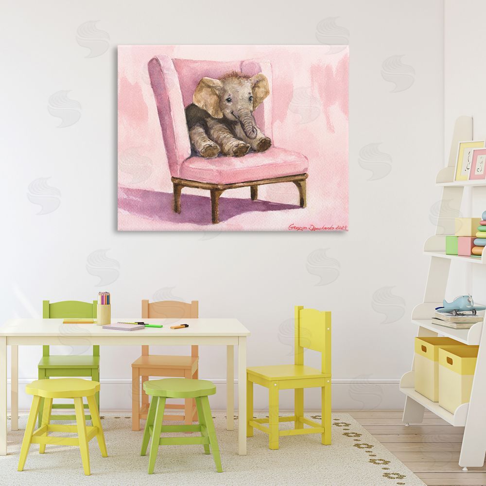 George Dyachenko Elephant Baby on Pink Chair Canvas Art on Wall