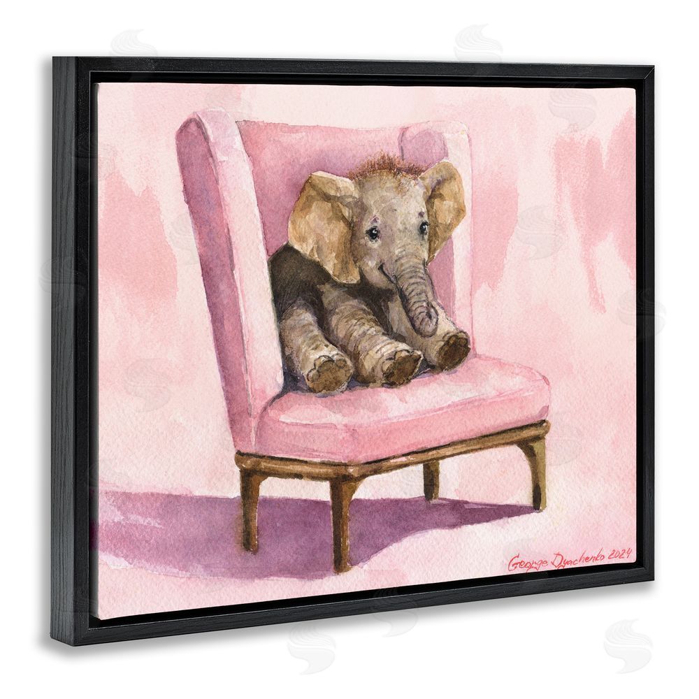 George Dyachenko Elephant Baby on Pink Chair Black Floating Frame Canvas Wall Art Print