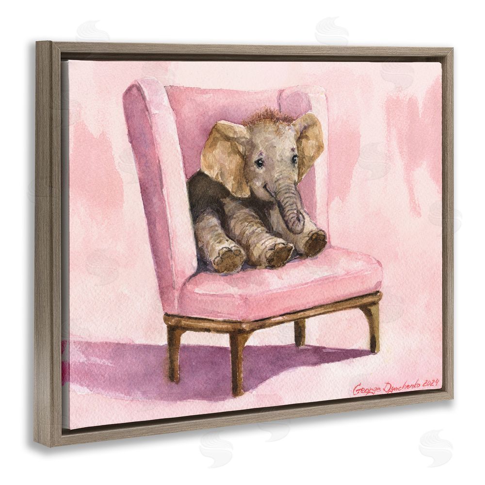 George Dyachenko Elephant Baby on Pink Chair Brown Floating Frame Canvas Wall Art Print