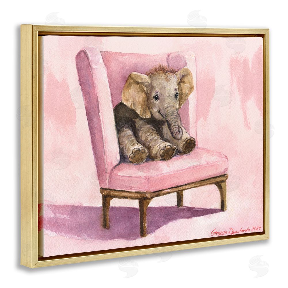 George Dyachenko Elephant Baby on Pink Chair Gold Floating Frame Canvas Wall Art Print