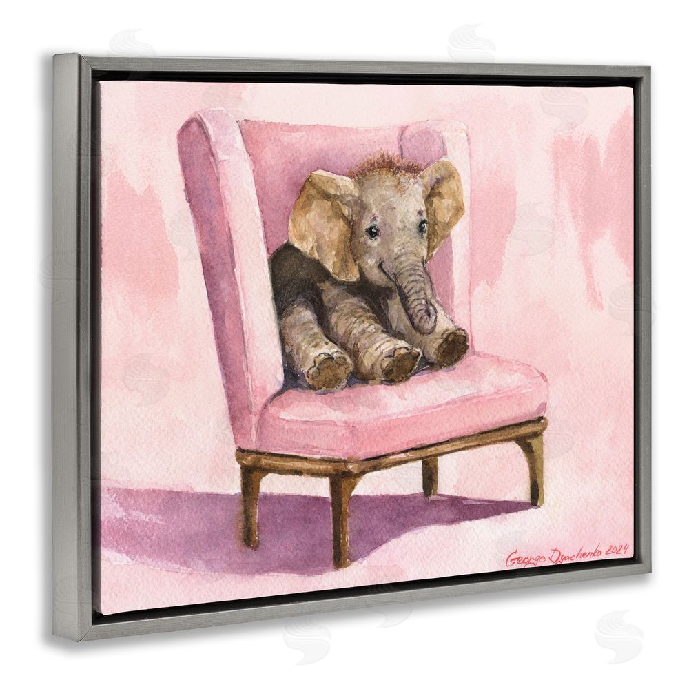 George Dyachenko Elephant Baby on Pink Chair Gray Floating Frame Canvas Wall Art Print
