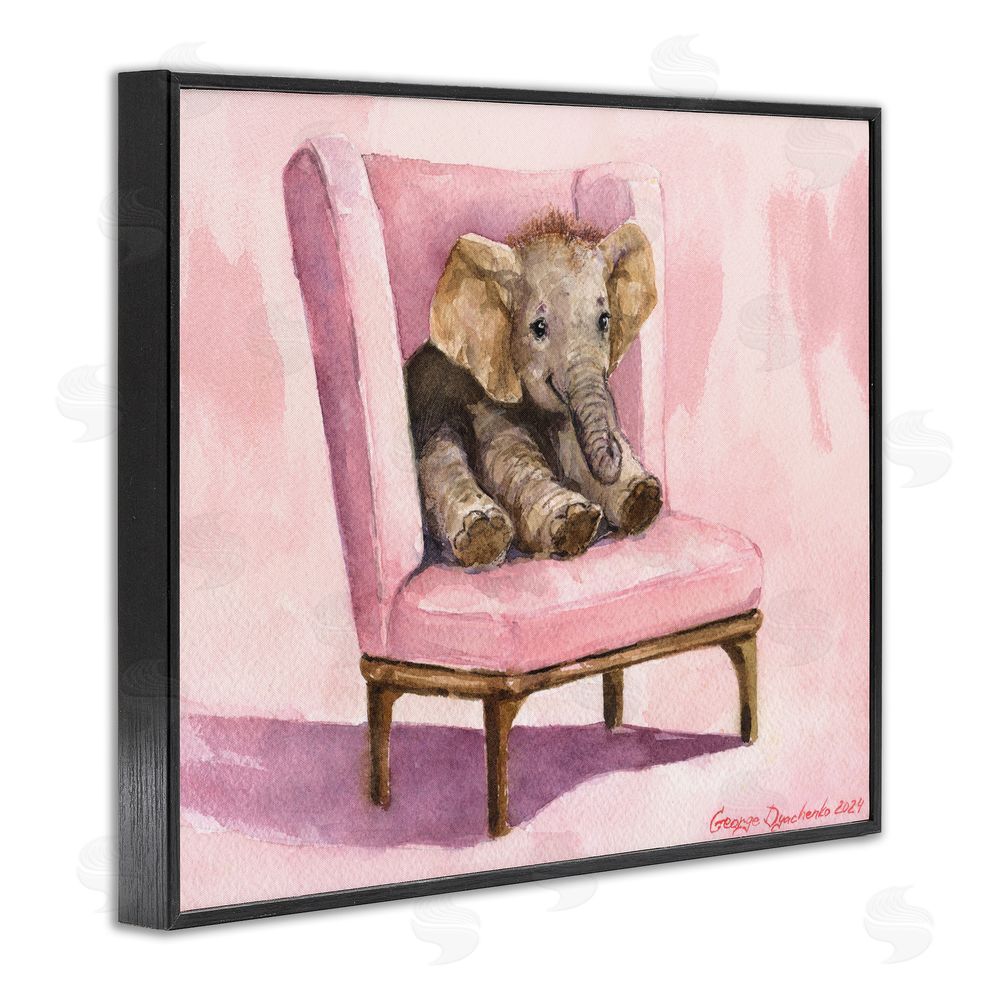 George Dyachenko Elephant Baby on Pink Chair Black Framed Giclee Wall Art Print