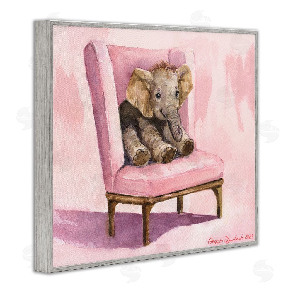 George Dyachenko Elephant Baby on Pink Chair Gray Framed Giclee Wall Art Print