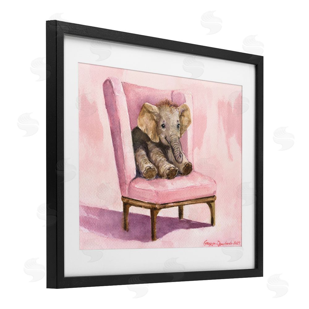 George Dyachenko Elephant Baby on Pink Chair Black Framed Print Under Glass with White Mat Wall Art