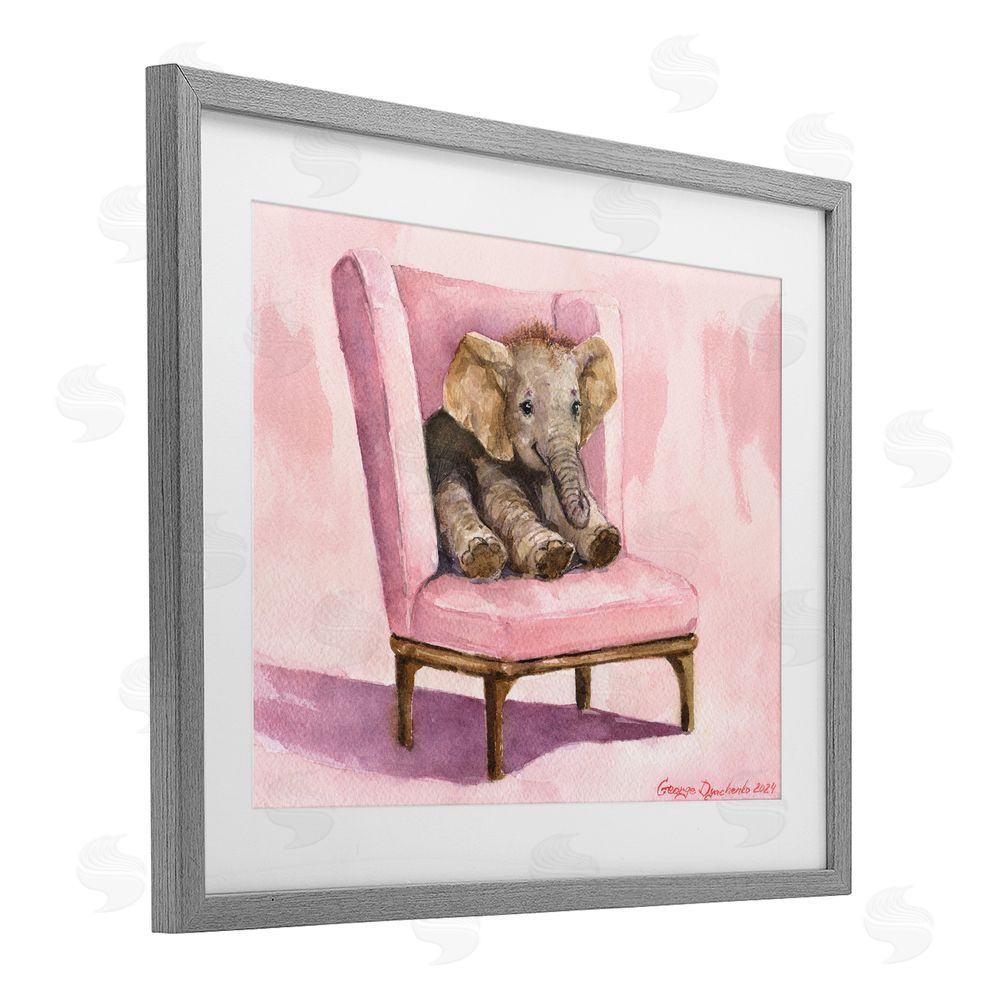 George Dyachenko Elephant Baby on Pink Chair Gray Framed Print Under Glass with White Mat Wall Art