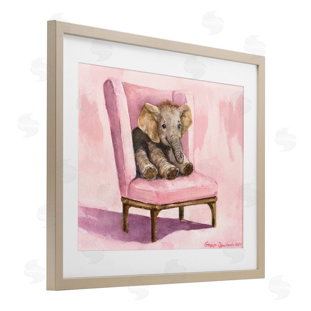 George Dyachenko Elephant Baby on Pink Chair Birch Framed Print Under Glass with White Mat Wall Art