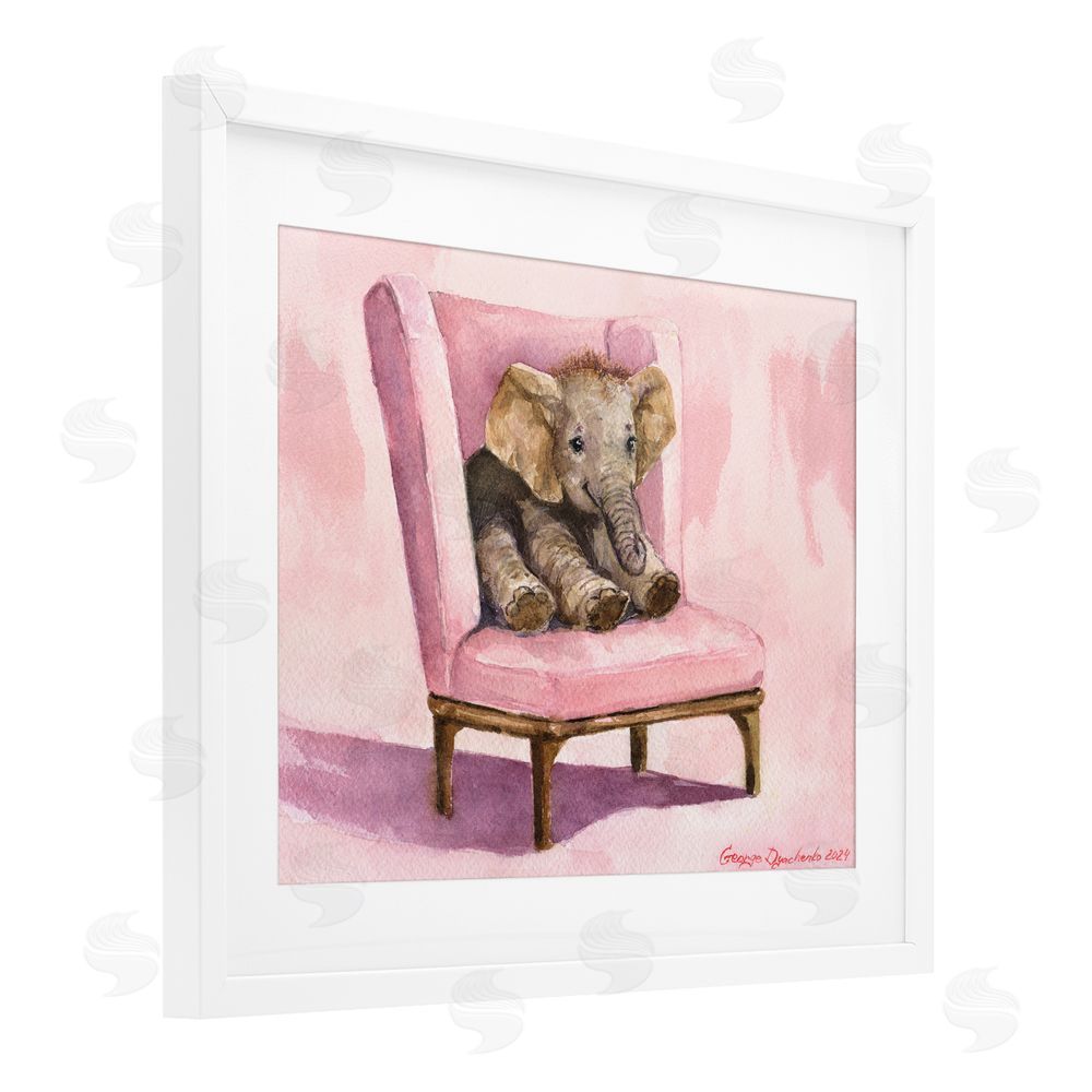 George Dyachenko Elephant Baby on Pink Chair White Framed Print Under Glass with Mat Wall Art