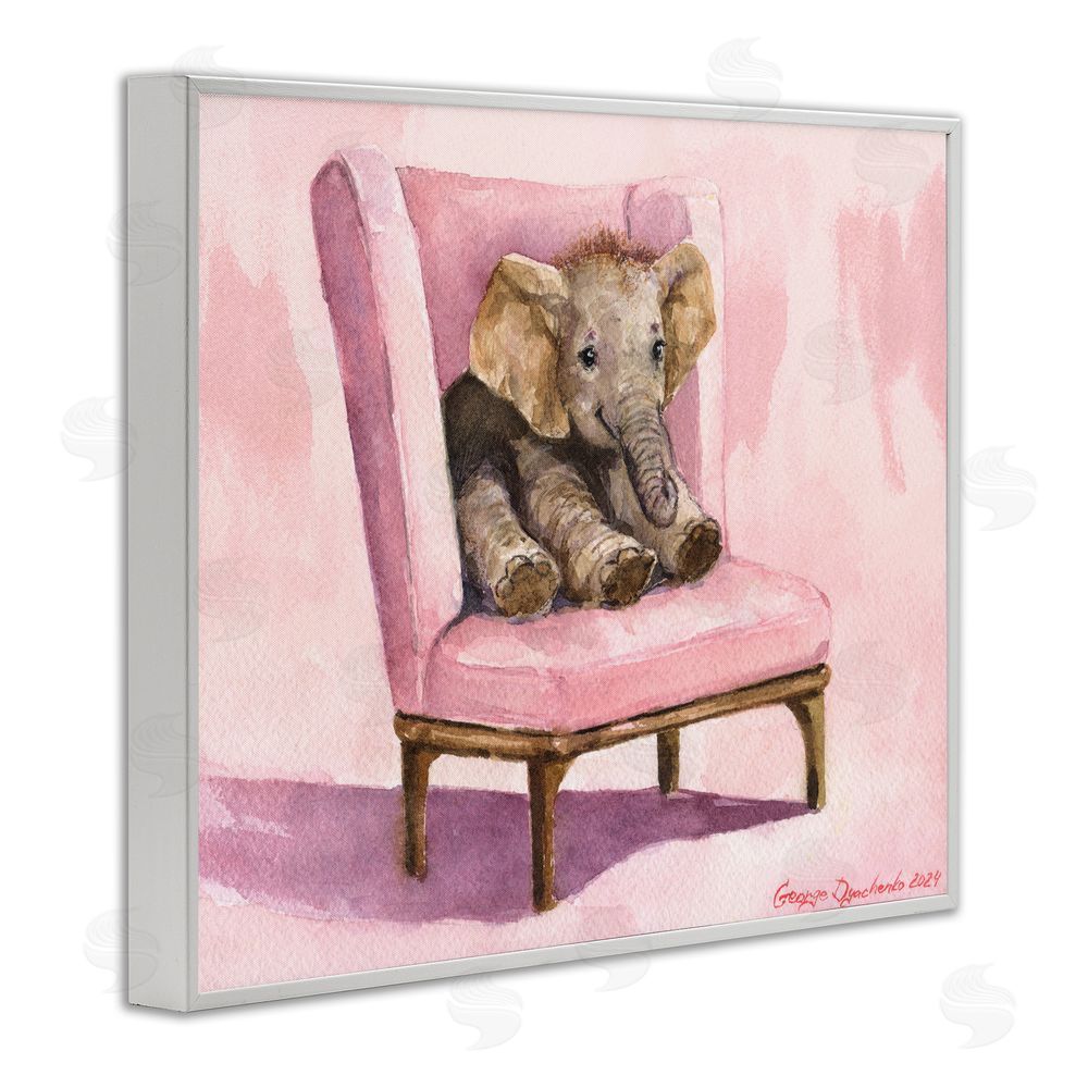 George Dyachenko Elephant Baby on Pink Chair White Framed Giclee Wall Art Print