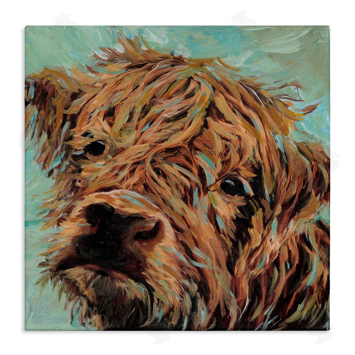 Wani Pasion Highland Cattle on Green Canvas Wall Art Print