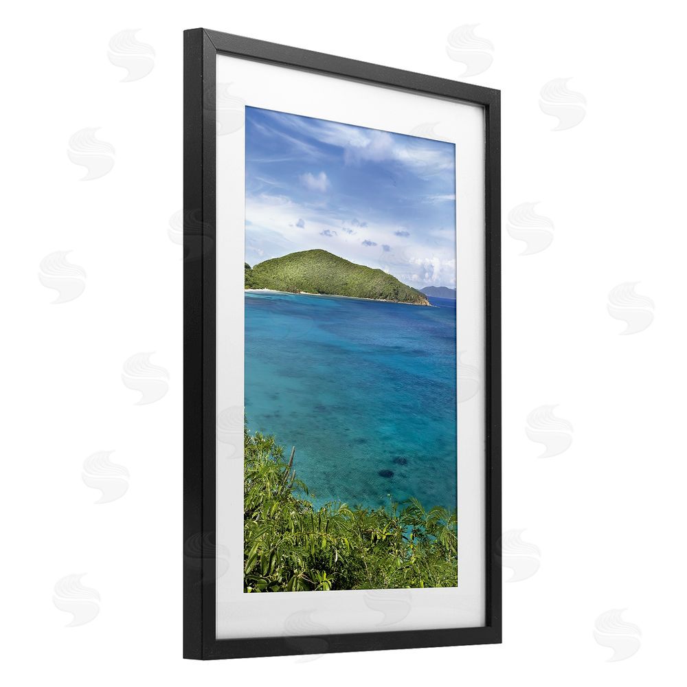 Seven Trees Design Tropical Island in Distance Black Framed Print Under Glass with White Mat Wall Art