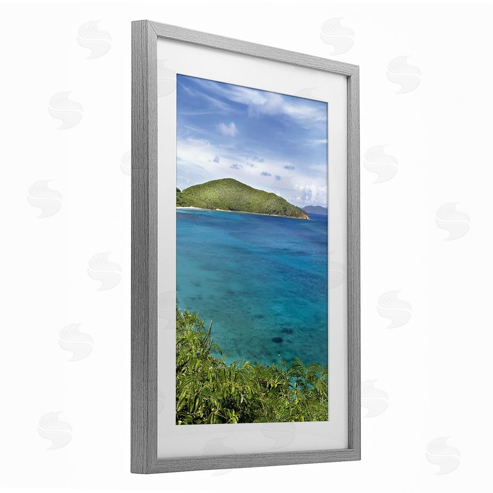 Seven Trees Design Tropical Island in Distance Gray Framed Print Under Glass with White Mat Wall Art