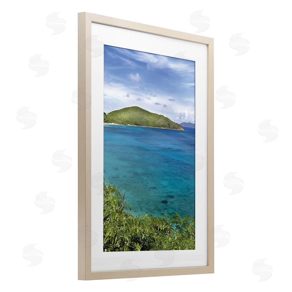 Seven Trees Design Tropical Island in Distance Birch Framed Print Under Glass with White Mat Wall Art