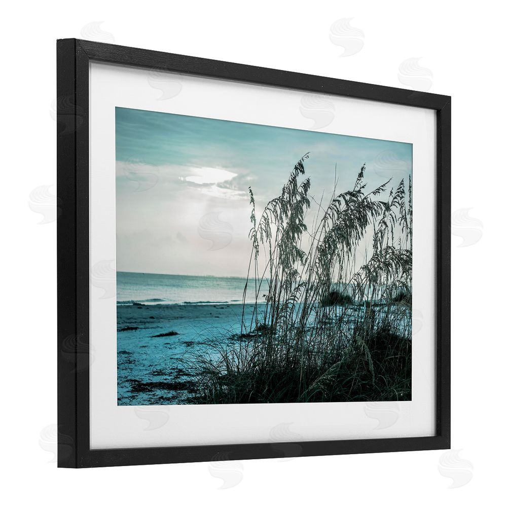 Seven Trees Design Turquoise Waters Horizon Black Framed Print Under Glass with White Mat Wall Art